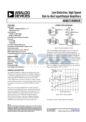AD8028ARM datasheet - Low Distortion, High Speed Rail-to-Rail Input/Output Amplifiers