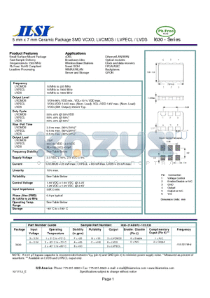 I630-62BB3K2-155.520 datasheet - 5 mm x 7 mm Ceramic Package SMD VCXO, LVCMOS / LVPECL / LVDS