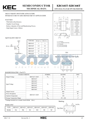 KRC644T datasheet - EPITAXIAL PLANAR NPN TRANSISTOR (HIGH CURRENT SWITCHING, INTERFACE CIRCUIT AND DRIVER CIRCUIT)