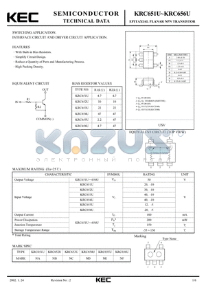 KRC651U datasheet - EPITAXIAL PLANAR NPN TRANSISTOR (SWITCHING, INTERFACE CIRCUIT AND DRIVER CIRCUIT)