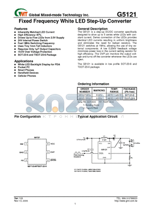 G5121 datasheet - Fixed Frequency White LED Step-Up Converter