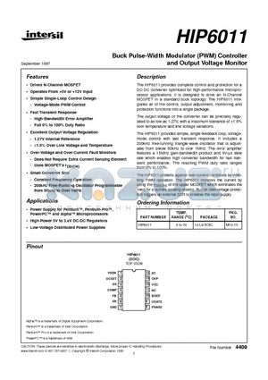 HIP6011 datasheet - Buck Pulse-Width Modulator (PWM) Controller and Output Voltage Monitor