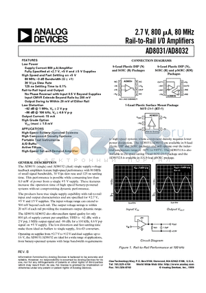 AD8031 datasheet - 2.7 V, 800 uA, 80 MHz Rail-to-Rail I/O Amplifiers