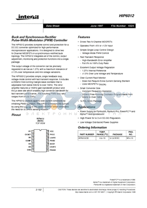 HIP6012 datasheet - Buck and Synchronous-Rectifier Pulse-Width Modulator (PWM) Controller