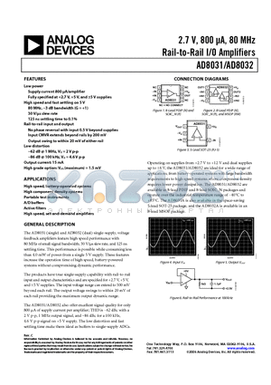 AD8031AN datasheet - 2.7 V, 800 lA, 80 MHz Rail-to-Rail I/O Amplifiers