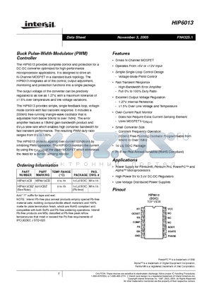 HIP6013_05 datasheet - Buck Pulse-Width Modulator (PWM) Controller