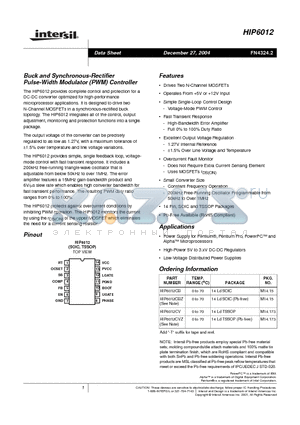 HIP6012CB datasheet - Buck and Synchronous-Rectifier Pulse-Width Modulator (PWM) Controller