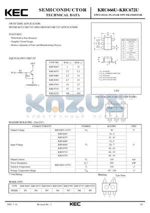 KRC668U datasheet - EPITAXIAL PLANAR NPN TRANSISTOR (SWITCHING, INTERFACE CIRCUIT AND DRIVER CIRCUIT)