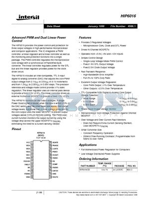 HIP6016 datasheet - Advanced PWM and Dual Linear Power Control