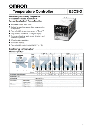 E5CS-RKJX datasheet - Temperature Controller DIN-sized (48��48 mm) Temperature Controller Features Automatic P (proportional action) Tuning Function