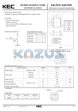 KRC827E datasheet - EPITAXIAL PLANAR NPN TRANSISTOR (SWITCHING, INTERFACE CIRCUIT AND DRIVER CIRCUIT)