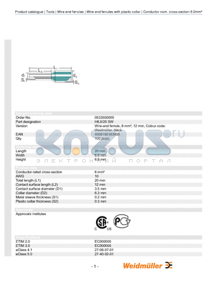 9021130000 datasheet - Wire-end ferrule, 6 mmb, 12 mm, Colour code: Weidmller, black