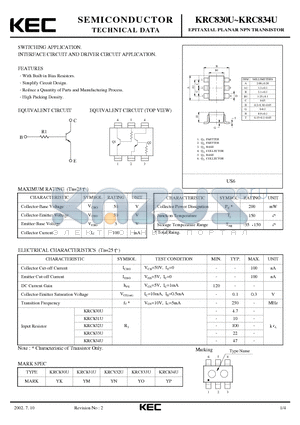 KRC834U datasheet - EPITAXIAL PLANAR NPN TRANSISTOR (SWITCHING, INTERFACE CIRCUIT AND DRIVER CIRCUIT)