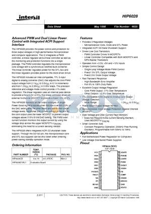 HIP6028CB datasheet - Advanced PWM and Dual Linear Power Control with Integrated ACPI Support Interface