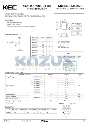 KRC841U datasheet - EPITAXIAL PLANAR NPN TRANSISTOR (SWITCHING, INTERFACE CIRCUIT AND DRIVER CIRCUIT)