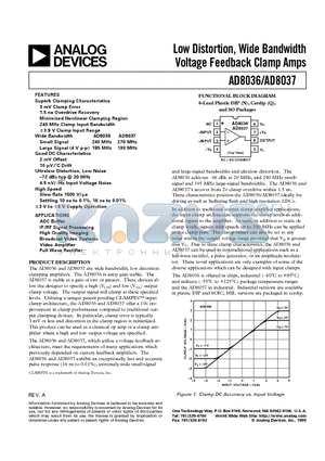 AD8036AN datasheet - Low Distortion, Wide Bandwidth Voltage Feedback Clamp Amps