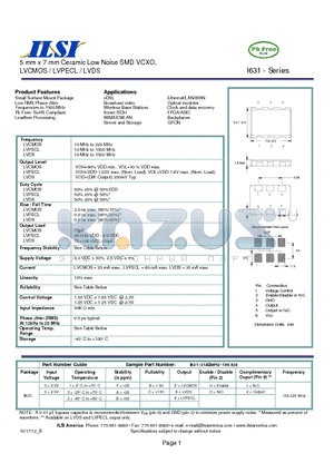 I631-31AB3O2-155.520 datasheet - 5 mm x 7 mm Ceramic Low Noise SMD VCXO, LVCMOS / LVPECL / LVDS