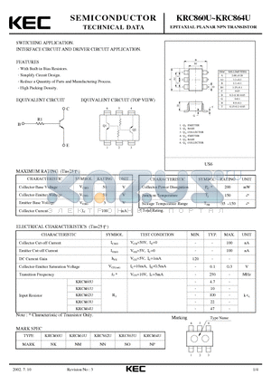 KRC863U datasheet - EPITAXIAL PLANAR NPN TRANSISTOR (SWITCHING, INTERFACE CIRCUIT AND DRIVER CIRCUIT)