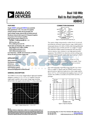 AD8042 datasheet - Dual 160 MHz Rail-to-Rail Amplifier