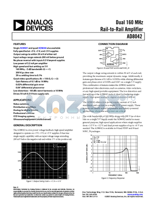 AD8042 datasheet - Dual 160 MHz Rail-to-Rail Amplifier