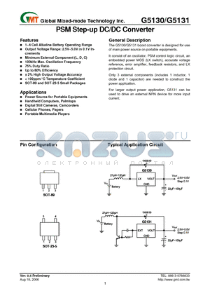 G5130-30T21U datasheet - PSM Step-up DC/DC Converter