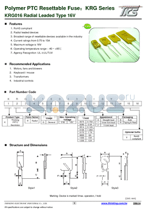 KRG0160500 datasheet - KRG016 Radial Leaded Type 16V