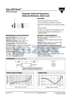 192P224X9200 datasheet - Polyester Film/Foil Capacitors Sleeved, Miniature, Axial Lead