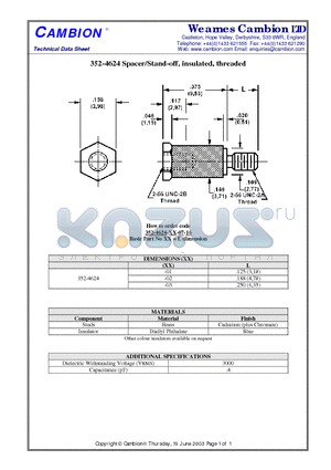 352-4624 datasheet - Spacer/Stand-off, insulated, threaded