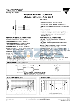 192P333X9200 datasheet - Polyester Film/Foil Capacitors Sleeved, Miniature, Axial Lead