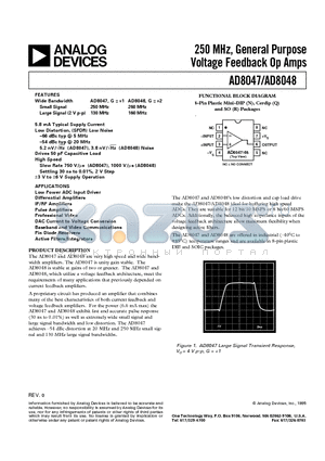 AD8048AN datasheet - 250 MHz, General Purpose Voltage Feedback Op Amps
