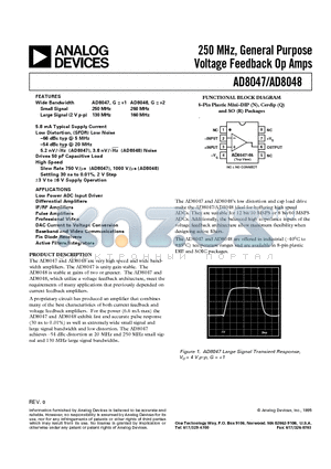 AD8047AR datasheet - 250 MHz, General Purpose Voltage Feedback Op Amps