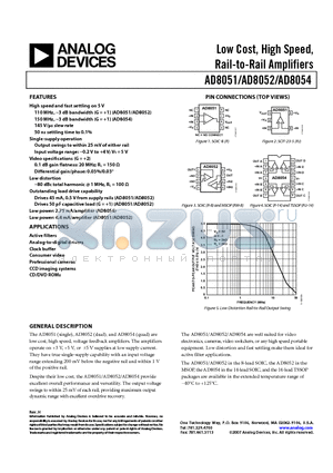 AD8051ARTZ-R2 datasheet - Low Cost, High Speed, Rail-to-Rail Amplifiers