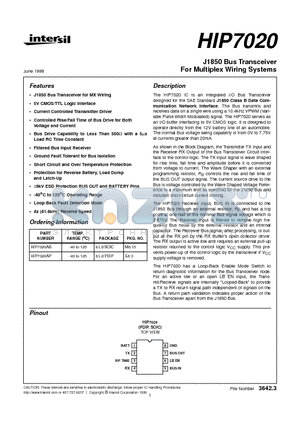 HIP7020 datasheet - J1850 Bus Transceiver For Multiplex Wiring Systems