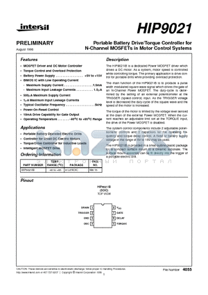 HIP9021 datasheet - Portable Battery Drive/Torque Controller for N-Channel MOSFETs in Motor Control Systems