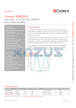 AD8052LV datasheet - Low Cost, 2.7V to 5.5V, 260MHz Rail-to-Rail Amplifier