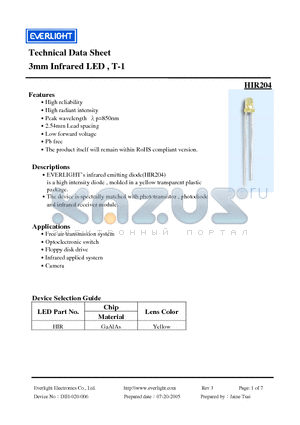 HIR204 datasheet - 3mm Infrared LED , T-1