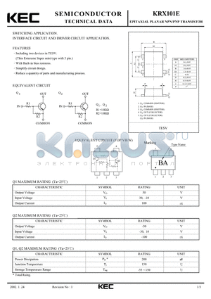 KRX101E datasheet - EPITAXIAL PLANAR PNP/NPN TRANSISTOR (SWITCHING, INTERFACE CIRCUIT AND DRIVER CIRCUIT)