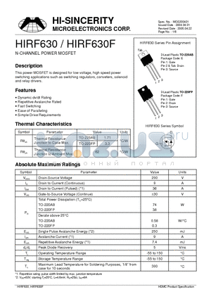 HIRF630 datasheet - N-Channel MOSFETs