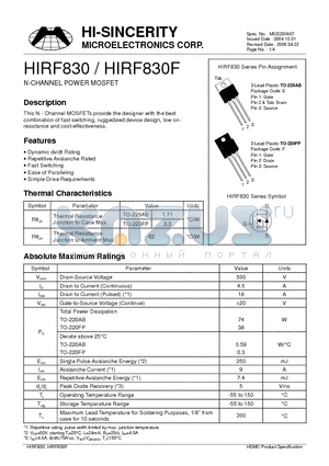 HIRF830F datasheet - N-CHANNEL POWER MOSFET