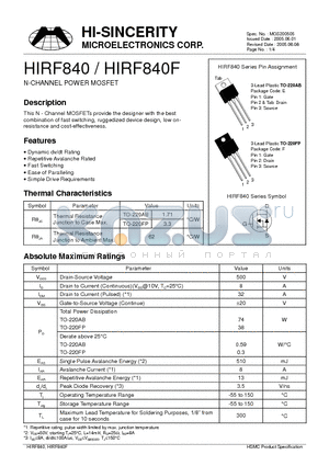 HIRF840 datasheet - N-Channel Power MOSFET