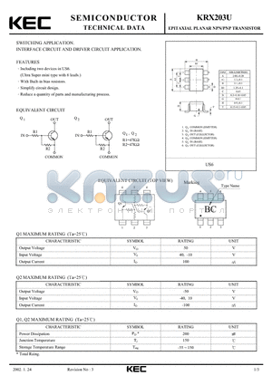 KRX203U datasheet - EPITAXIAL PLANAR NPN/PNP TRANSISTOR (SWITCHING, INTERFACE CIRCUIT AND DRIVER CIRCUIT)
