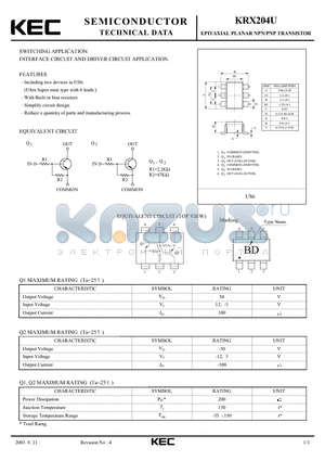 KRX204U datasheet - EPITAXIAL PLANAR NPN/PNP TRANSISTOR (SWITCHING, INTERFACE CIRCUIT AND DRIVER CIRCUIT)