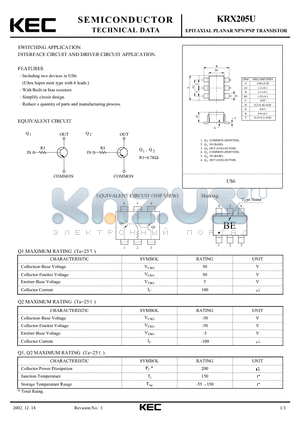 KRX205U datasheet - EPITAXIAL PLANAR NPN/PNP TRANSISTOR (SWITCHING, INTERFACE CIRCUIT AND DRIVER CIRCUIT)