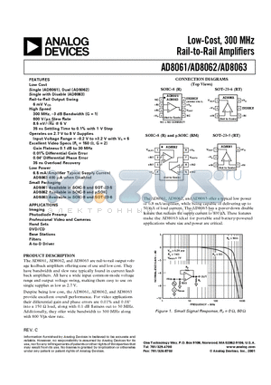 AD8061 datasheet - Low-Cost, 300 MHz Rail-to-Rail Amplifiers