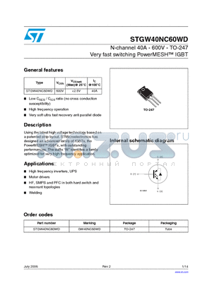 GW40NC60WD datasheet - N-channel 40A - 600V - TO-247 Very fast switching PowerMESH IGBT