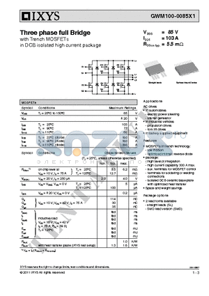 GWM100-0085X1 datasheet - Three phase full Bridge with Trench MOSFETs in DCB isolated high current package