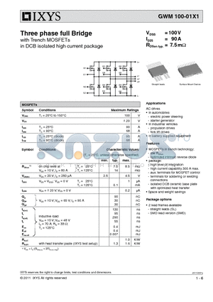 GWM100-01X1 datasheet - Three phase full Bridge with Trench MOSFETs in DCB isolated high current package
