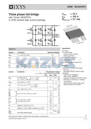 GWM120-0075P3 datasheet - Three phase full bridge with Trench MOSFETs in DCB isolated high current package