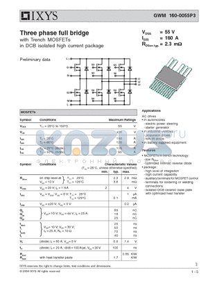 GWM160-0055P3 datasheet - Three phase full bridge with Trench MOSFETs in DCB isolated high current package