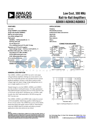AD8062ARMZ-RL datasheet - Low Cost, 300 MHz Rail-to-Rail Amplifiers